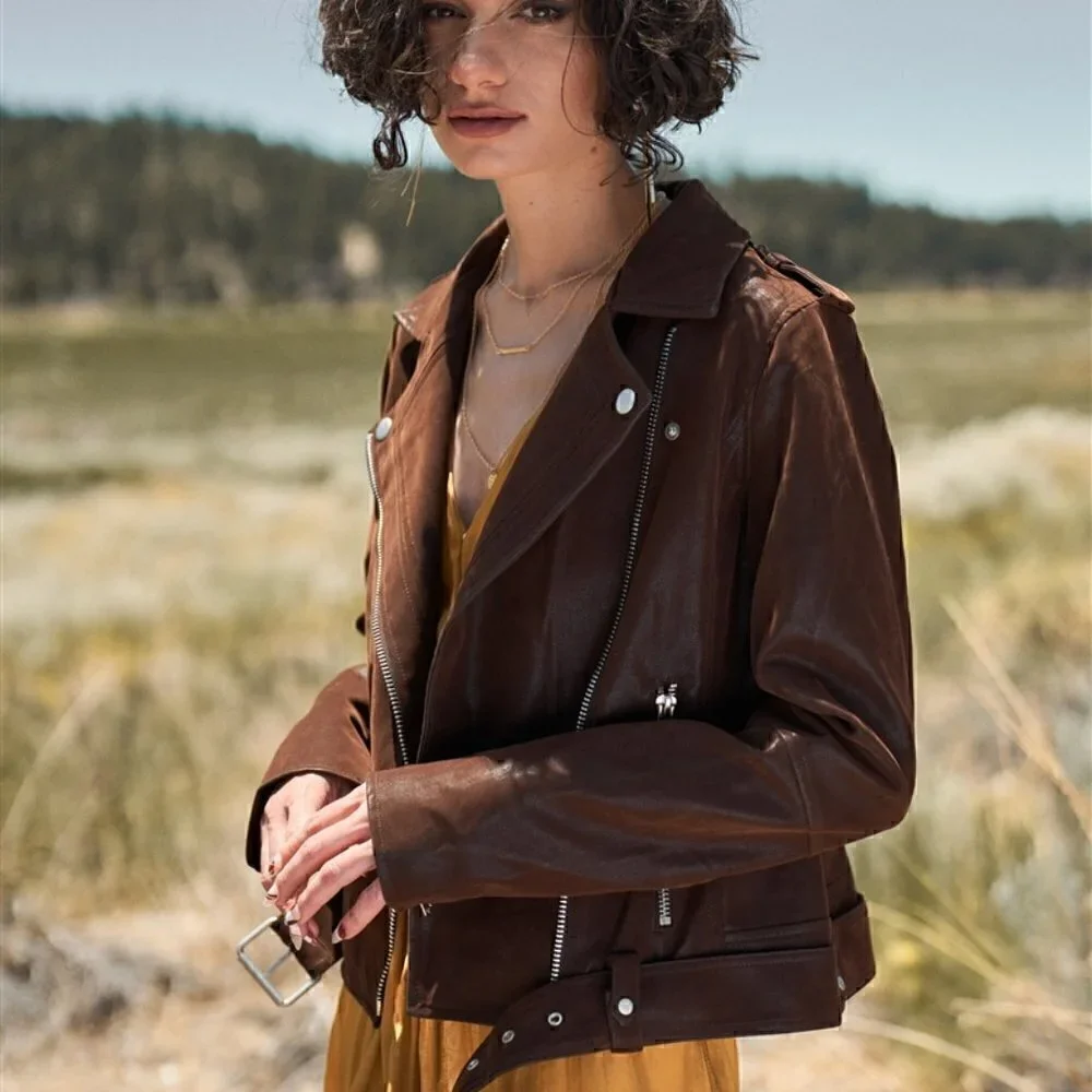 Brown Faux Suede Edgy Belted Hem Biker Jacket